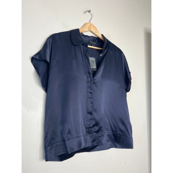 NEW ATM Silk Charmeuse Short Sleeve Camp Shirt in Blue Ink Size: Large - Picture 3 of 10
